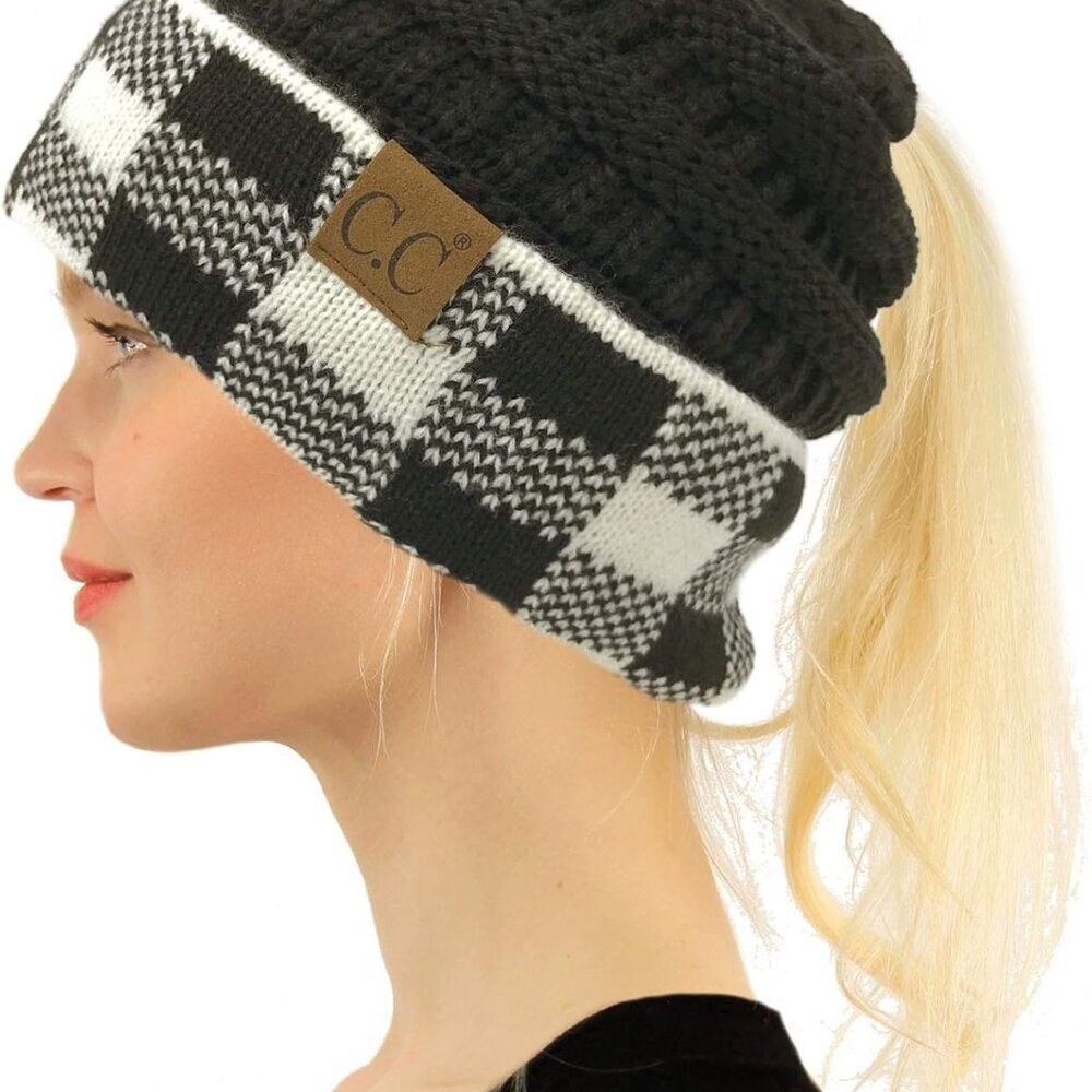 Exclusives Soft Stretch Cable Knit Messy Bun Ponytail Beanie Winter Hat for Wome